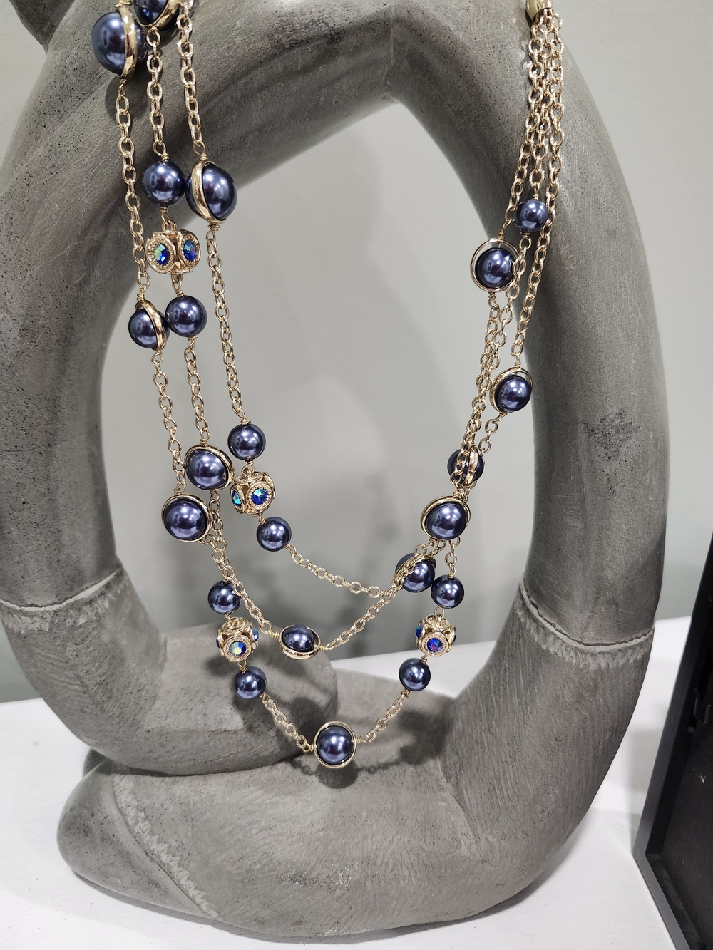 Coldwater Creek Gold Chain Necklace with Navy Blue Pearls